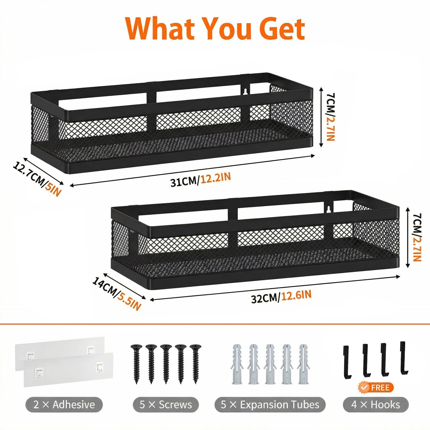 PUSDON Mesh Shower Caddy Wall Mount, Heavy Duty Adhesive Bathroom Shelf Organizer, Rustproof Floating Spice Rack for Kitchen Pantry, Holds 50 LBS, Multi-Purpose Storage Black-2 Packs (Netting)