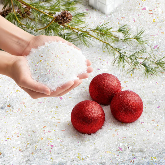 Sukh Fake Snow for Crafts - 7 Oz Artificial Snow for Holiday Decor Instant Snow White Party Decorations for Christmas Village Display Clear Glitter Snowflakes Plastic Snow Powder Colorful