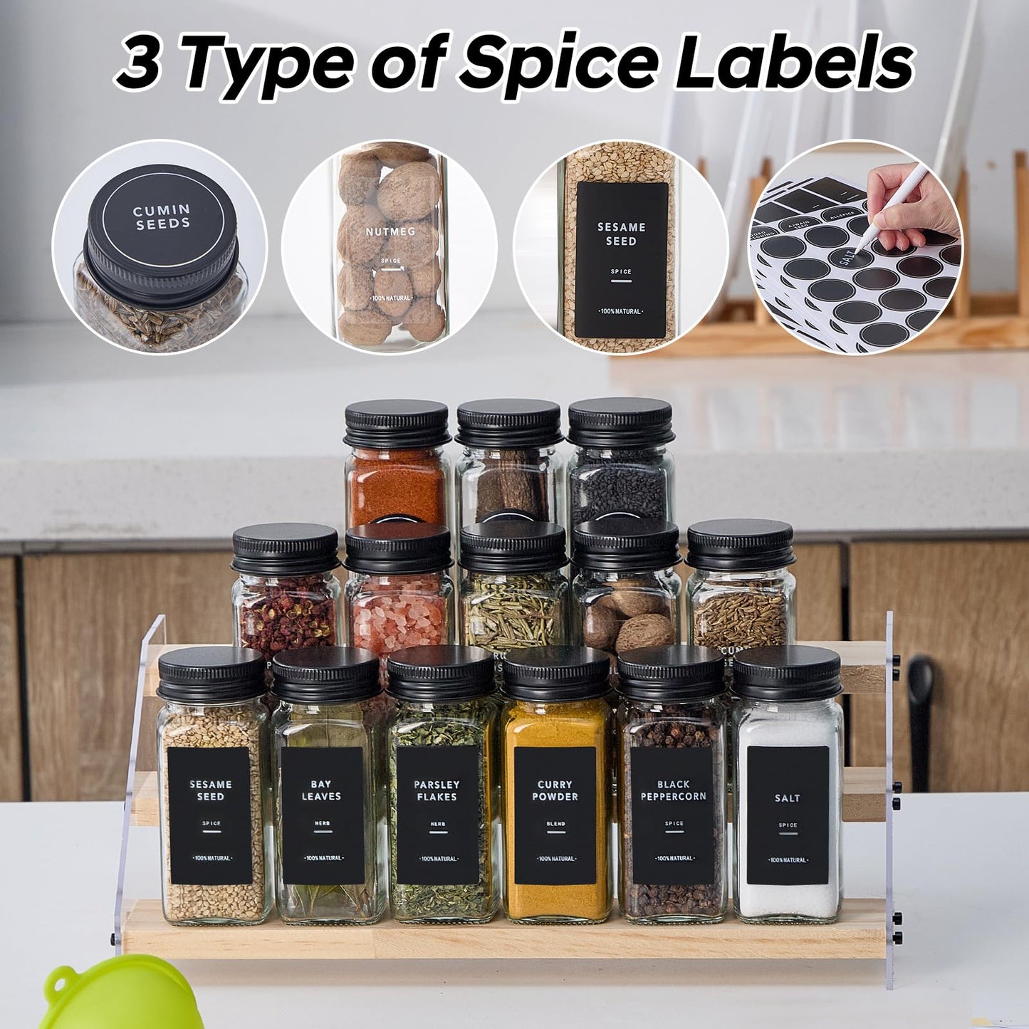 Fiwence 24 Glass Spice Jars with 576 Labels-Spice Jars with Black Metal Caps, 4oz Empty Square Spice Containers with Shaker Lids, Funnel, Pen, Seasoning Bottles for Spice Rack, Drawer, Cabinet