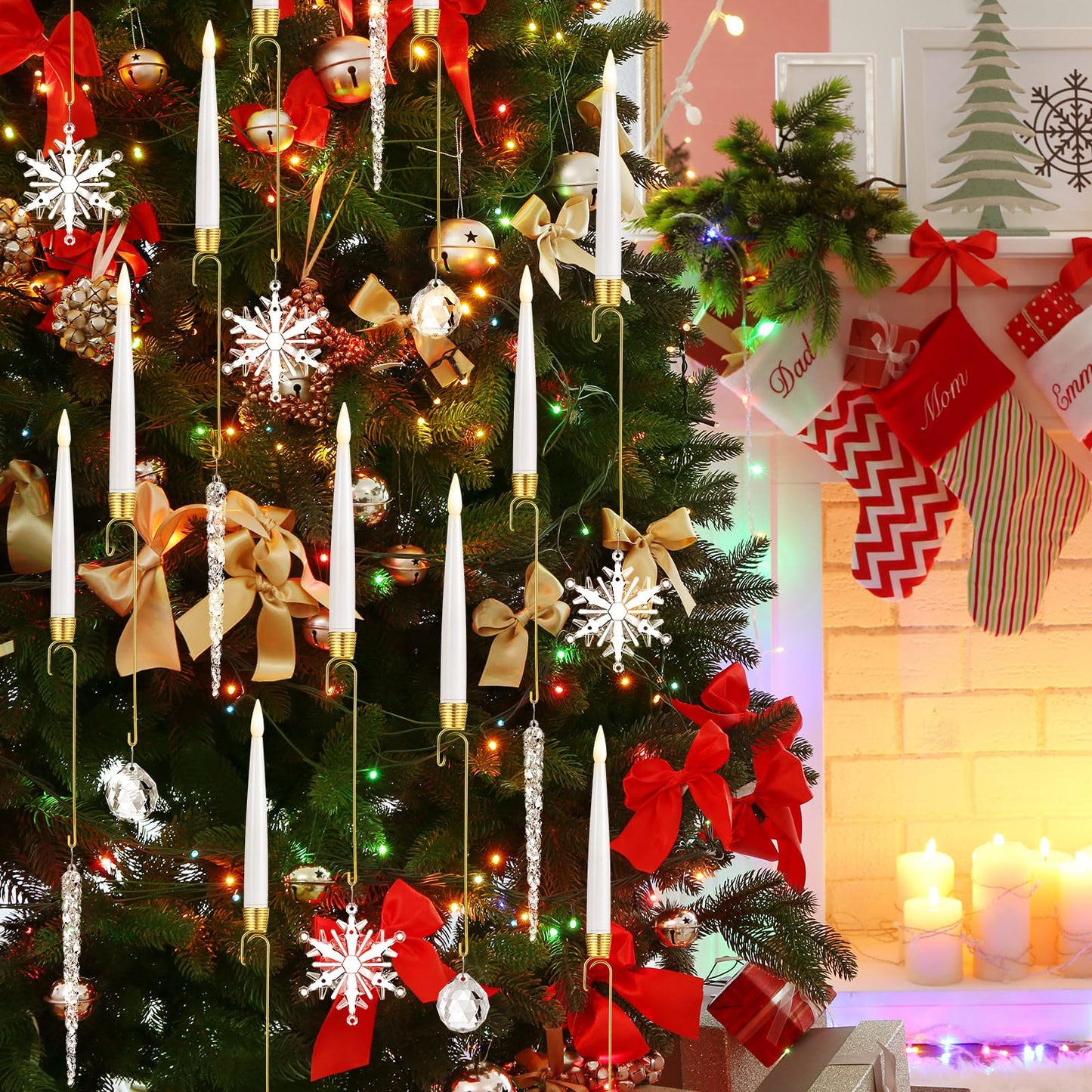 Baquler 12 Pcs Christmas Tree Candles with Remote, Flameless LED Taper Candles Battery Operated Lights with Ball Icicles Snowflake Hooks Xmas Hanging Decor for Winter New Year Party