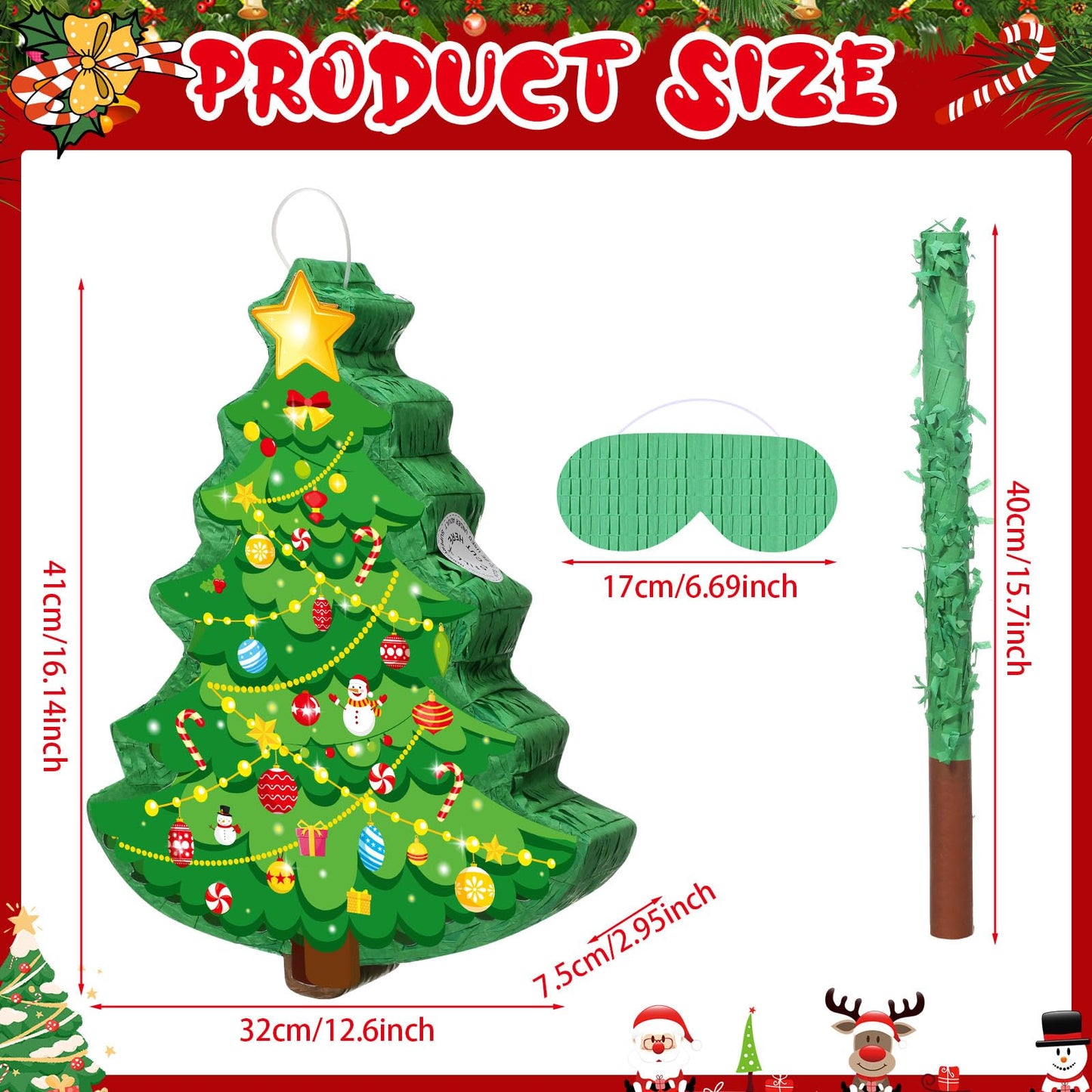 Christmas Tree Piñata 16 Inch Christmas Mexican Piñata with Stick Blindfold Xmas Piñatas Bundle for Xmas Birthday Holiday Game Favors Photo Prop Decoration