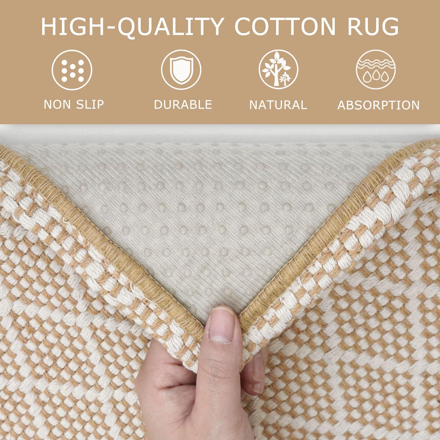 KOZYFLY Small Area Rug 2x3 Ft Washable Entryway Rug Non Slip Rubber Backed Throw Rugs Indoor Door Mat, Braided Cotton Floor Carpet for Front Entrance Front Door Sink Foyer, Tan/Beige