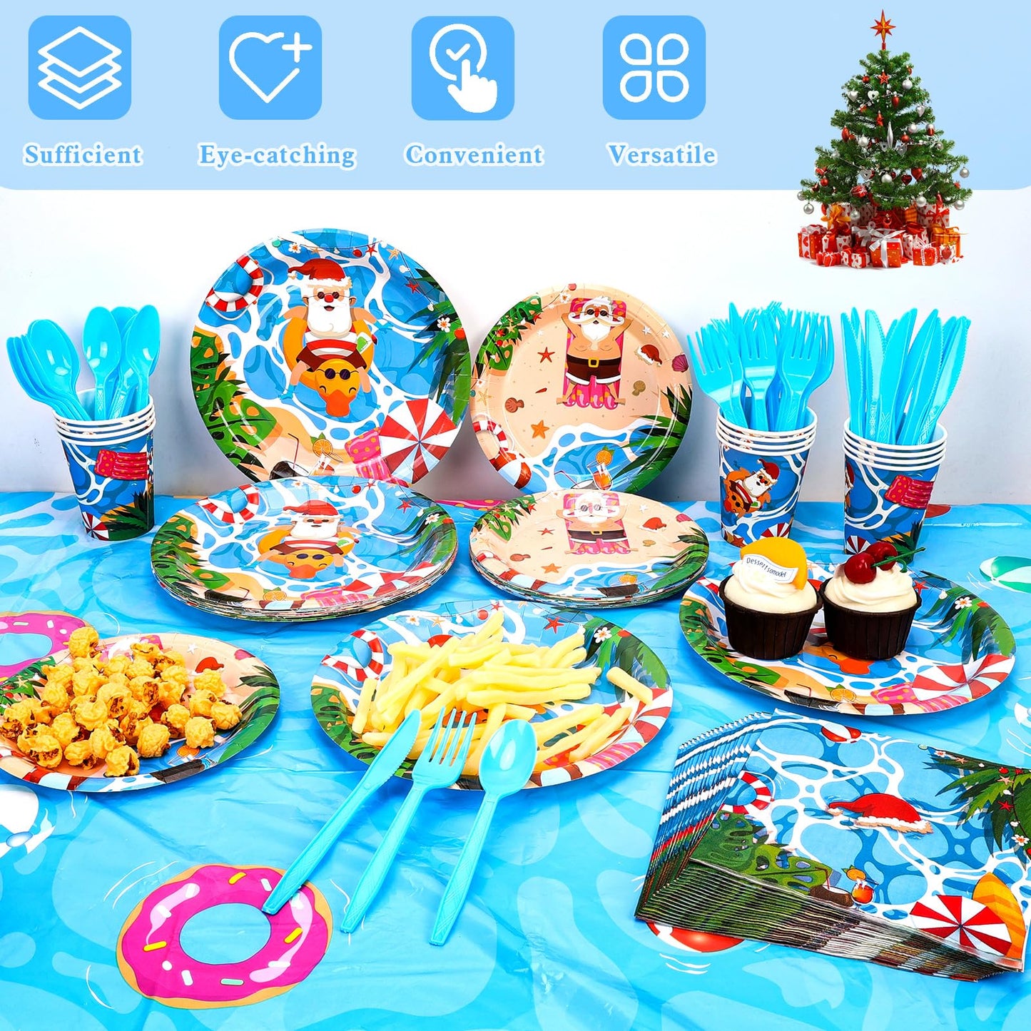 HOWAF 117pcs Hawaii Christmas Decorations Tableware Set, Paper Plates and Napkins Sets Plastic Xmas Santa Tablecloth Disposable Dinnerware Beach Party Paper Cups Forks Supplies