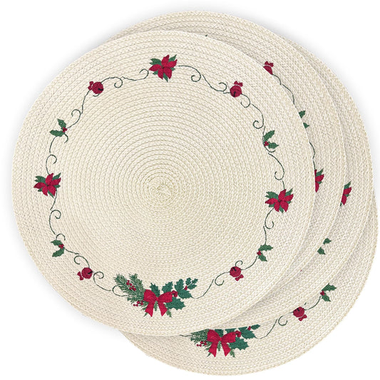 LaneVines Christmas Placemats Set of 4 Round Placemats, Embroidered Holiday Table Placemats Christmas Decorations for Kitchen Dining Table Mats Table Decorations