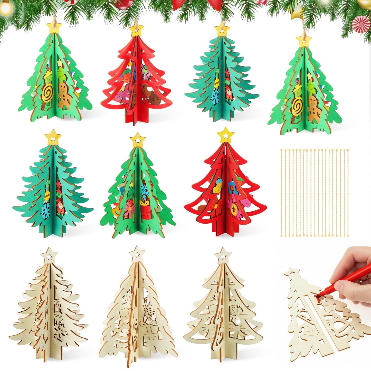 Chunful 72 Pcs Christmas Tree Wooden Crafts DIY 3D Christmas Tree Signs Xmas Unfinished Wood Cutouts Crafts Ornaments Hollow Wooden Slices Hanging Decoration for Xmas Holiday Tabletop Gifts