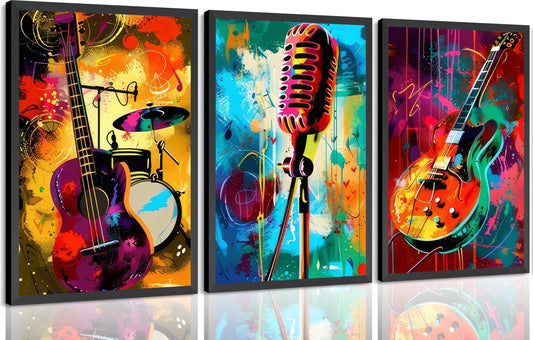 XCDVVAW Graffiti Music Poster Wall Art Fashion Colorful Guitar Microphone Painting Picture Wall Decor Hip-Hop Lovers Rock Singer Canvas Print Artwork for Music Party Bar Club Ballroom Home Decoration