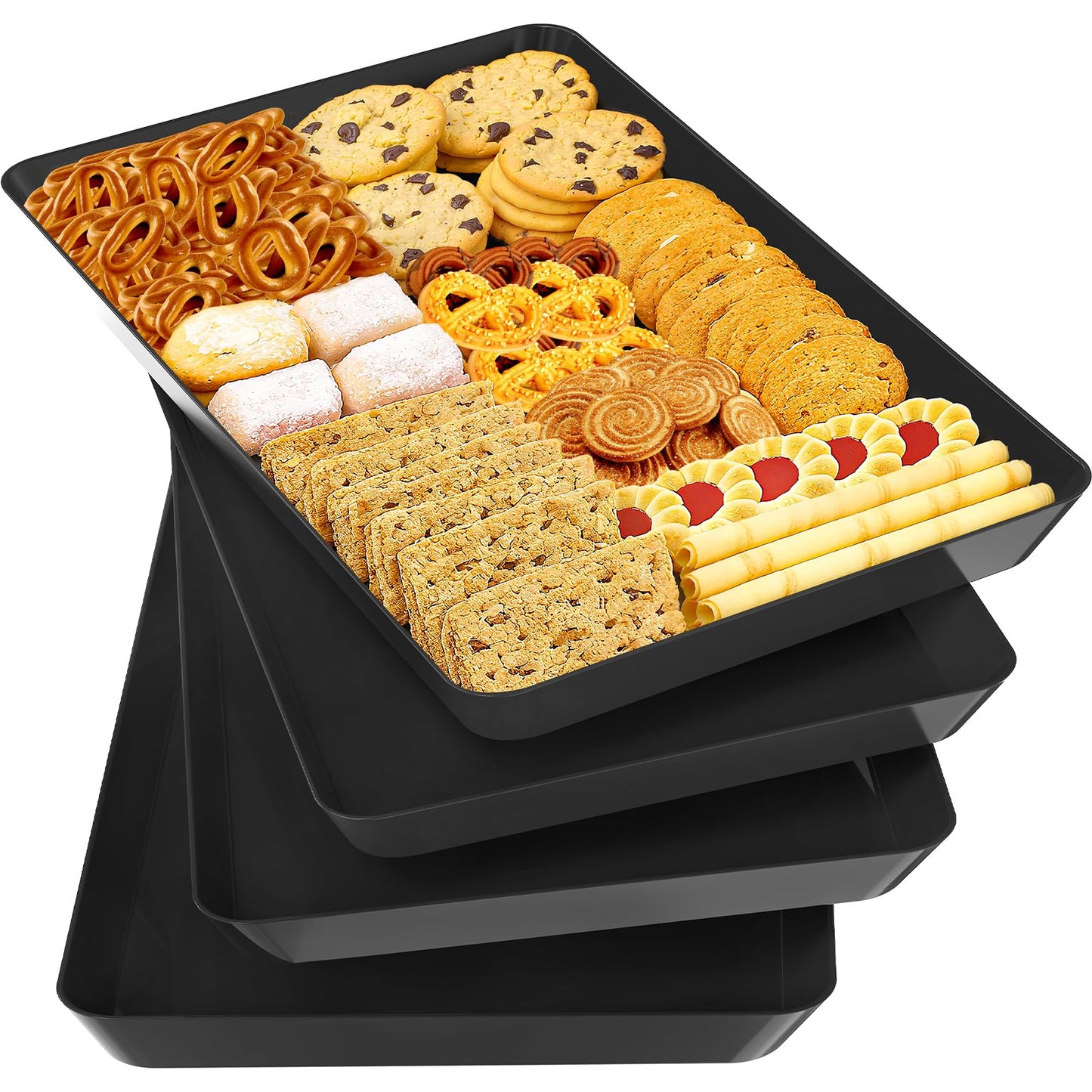 SpaceTrove 4-Pack Serving Tray Set, Reusable Plastic Serving Platter for Party Supplies, Entertaining, Grilling Accessories, Stackable Kitchen Snack Box Container for Dessert, Fruit, Cookie, (Black)