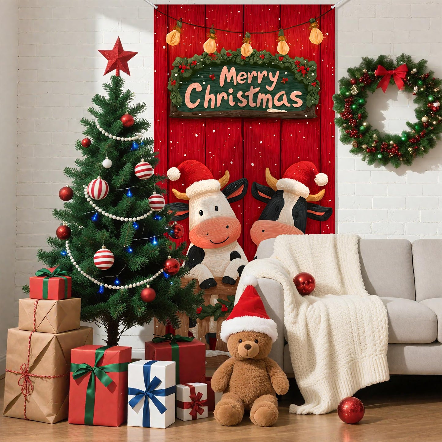 Christmas Door Cover, 35.4 x 70.8 inch Merry Christmas Door Cover Hanging Banner Backdrop Xmas Winter Holiday Decor for Front Door, Two cows