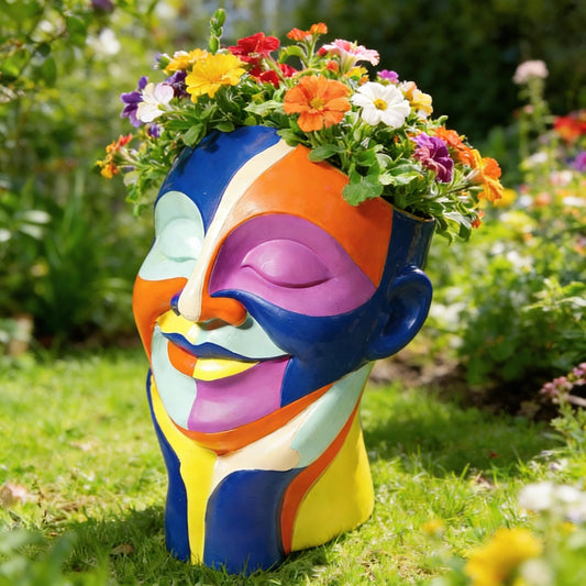 Rainbow Face Planters Pots Head, Funny Body Plant Pots for Decor, Resin Decorative Artistic Head Flower Pot, Hand Painted Planters Boho Eclectic Art for Indoor Outdoor, Plant Lover Gifts (Blue&Orange)