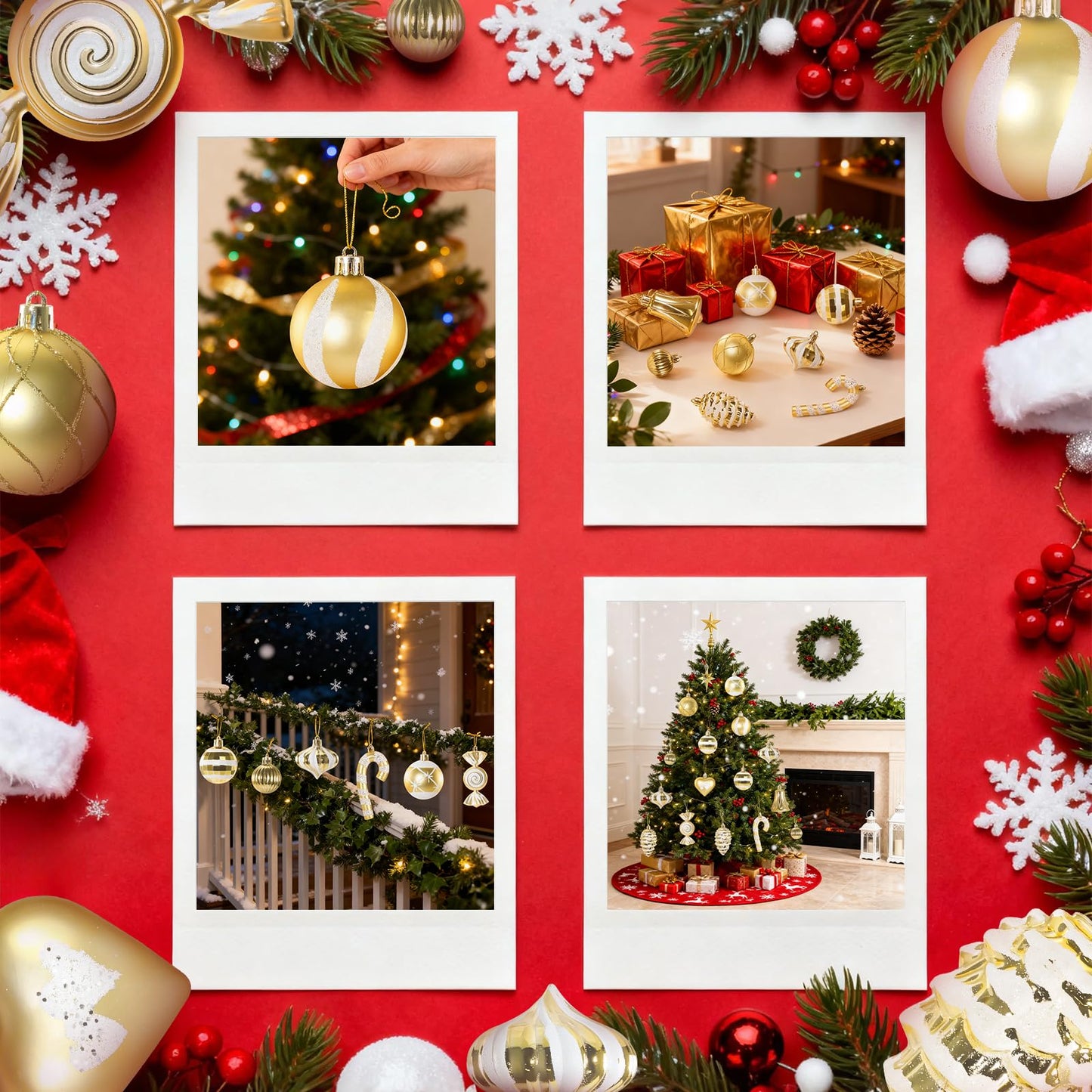 Christmas Ornaments, 16Pcs Gold and White Christmas Ornaments Set with Hanging Strings Ideal for Christmas Tree Decorations and Indoor Accents