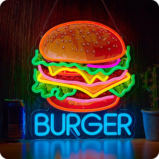 Burger Neon Sign for Wall Décor Hamburger Business Dimmable LED Light USB Powered Burgers Art Signs for Food Shop Restaurant Snack, Size:16.5 x 12.6inch