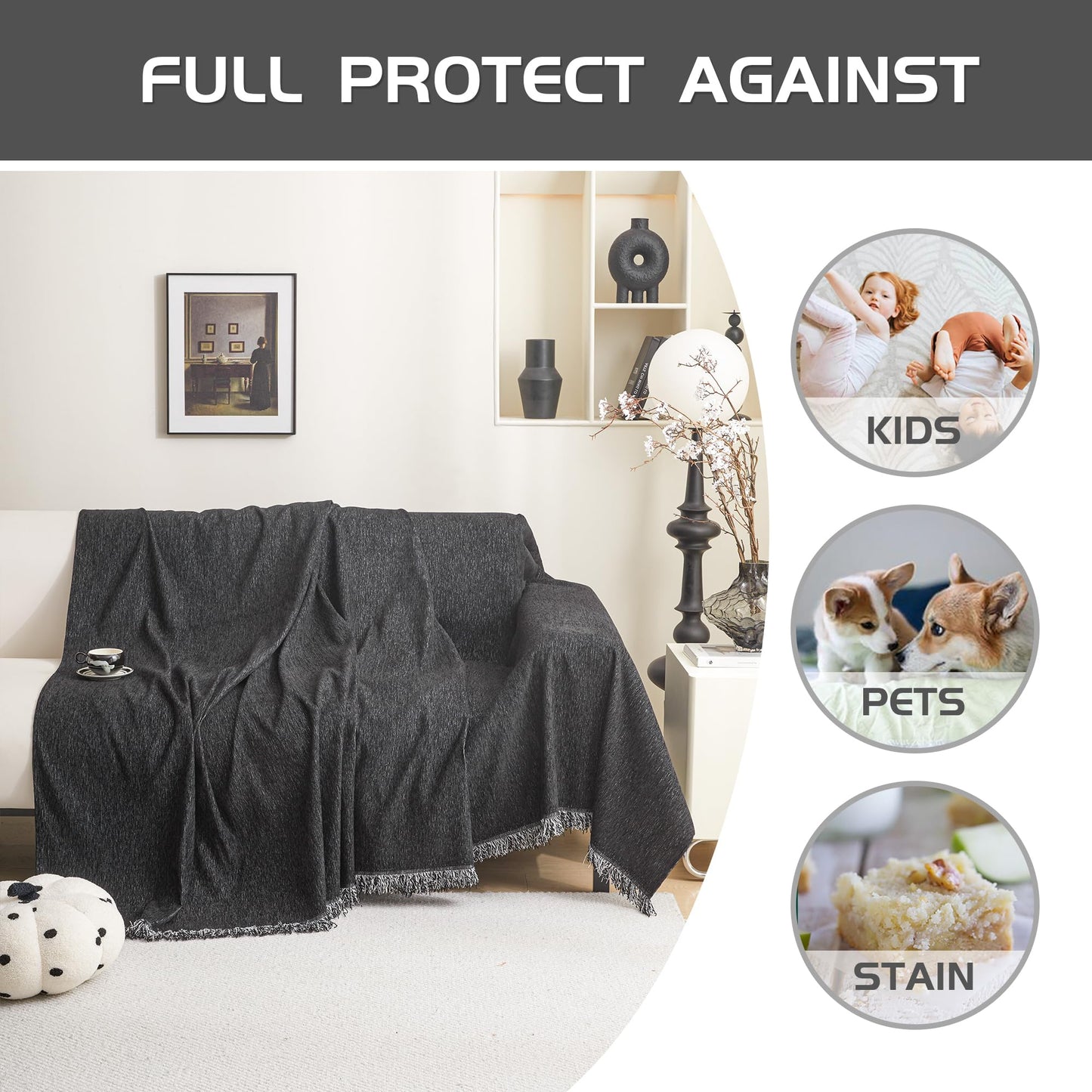MEETSKY Couch Cover for 3 Cushion Sofa, Pet Friendly with Tassel Edge, Modern Washable Slipcover for Dogs & Cats, Universal Sofa Throw Cover, 71"x150", Black