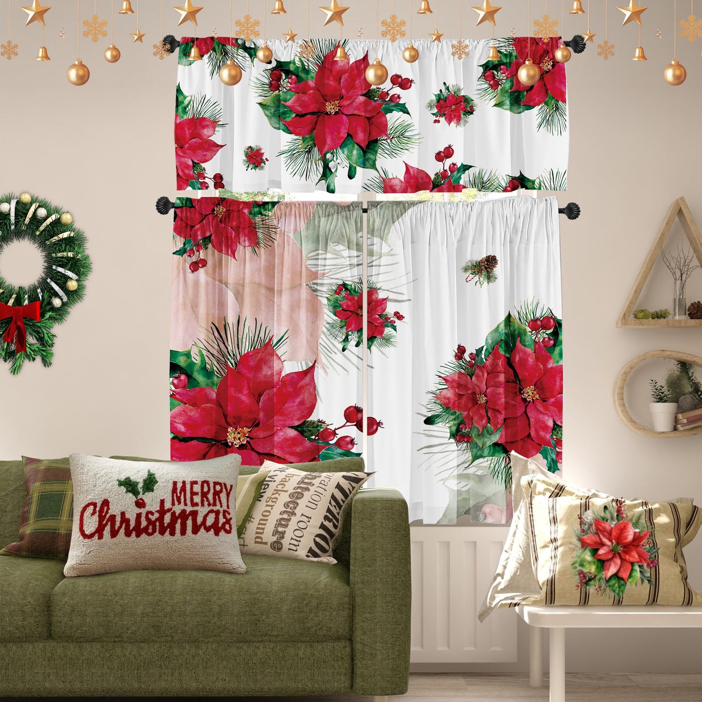 Deztibos Christmas Poinsettia Curtain Valances Set - Upper & Lower Curtains, 52'' L x 18'' W & 36'' L x 26'' W, Kitchen Windows Decor, 3 Piece Set, Red