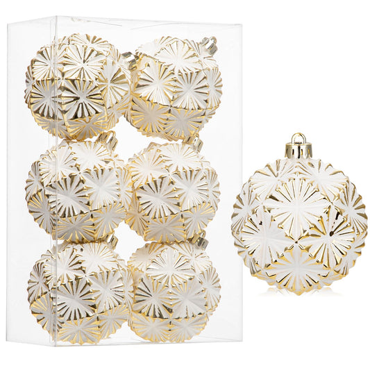 Briful 80mm/3.15" Rustic Christmas Ball Ornaments 6PCS White and Gold Textured Vintage Xmas Balls Decorative Baubles for Christmas Tree Wreath Garland Holiday Farmhouse Home Decor