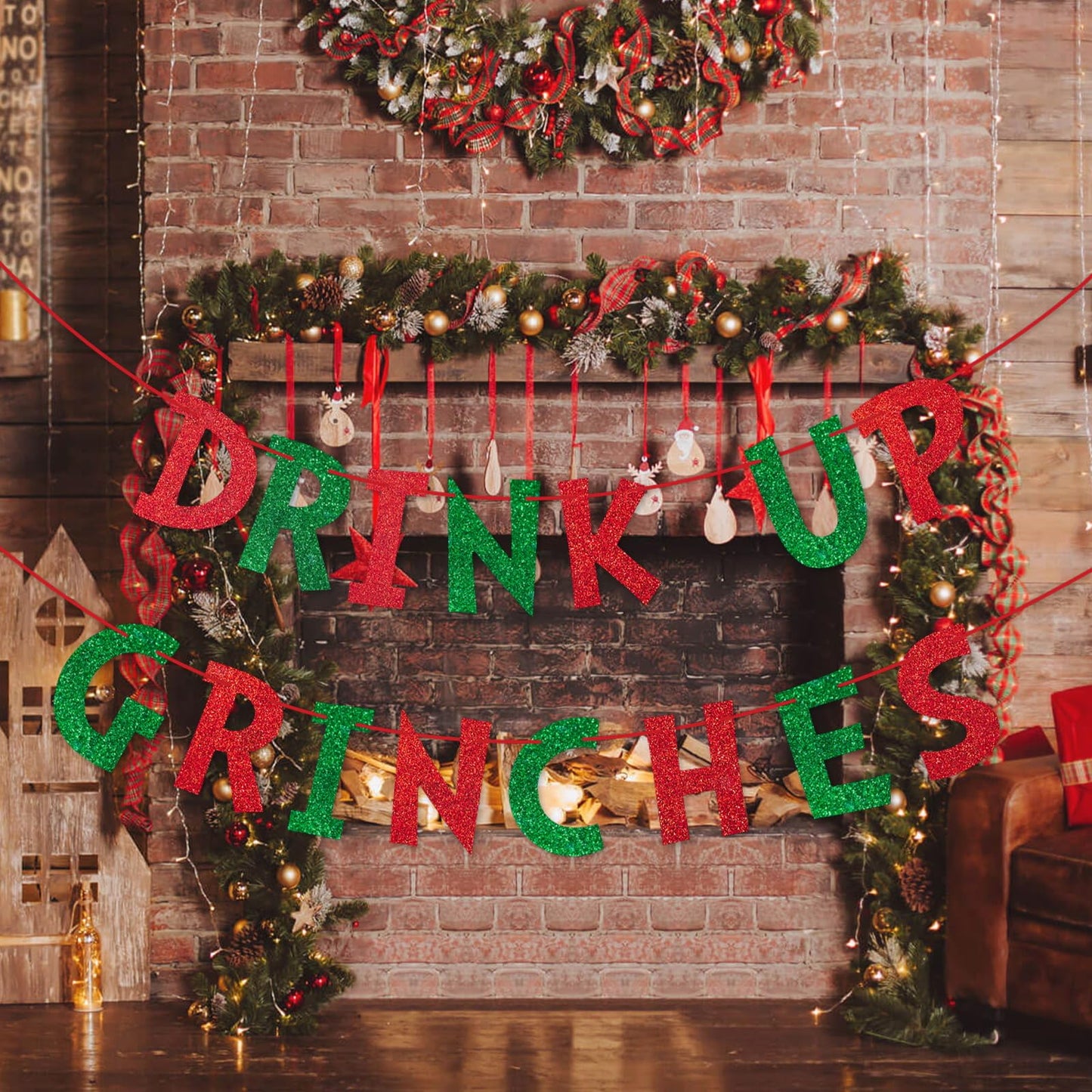 Rismise Drink Up Christmas Decorations Red Green Glittery Christmas Banner Xmas Garland Banners Winter Holiday Garland Photo Props Banners Christma Party Decorations for Xmas Backdrop Decorations
