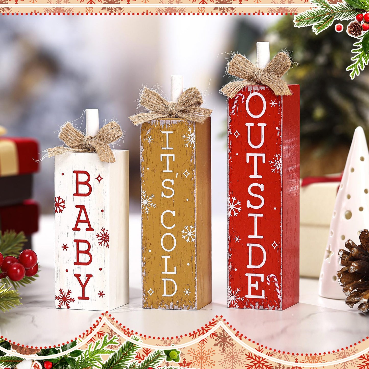Cinnvoice 3 Pcs Christmas Table Decorations Winter Tiered Tray Decor Rustic Farmhouse Christmas Wooden Block Sign and Centerpieces for Xmas Winter Home Kitchen Mantel Shelf Decor(It's Cold Outside)