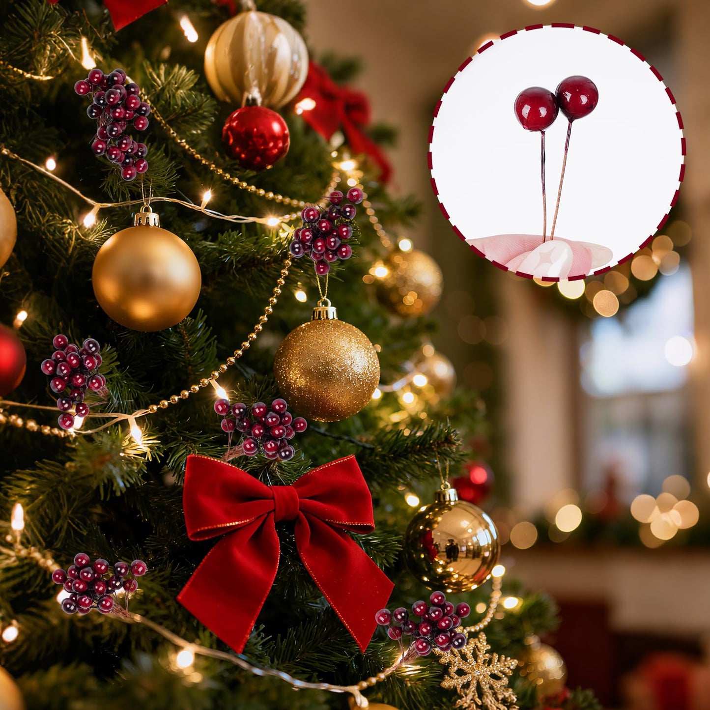 hoyuwak Burgundy Christmas Ornaments - 100 Pcs Artificial Holly Berries on Wire Stems for DIY Christmas Decor, Wreaths, Wedding, and Party Decoration