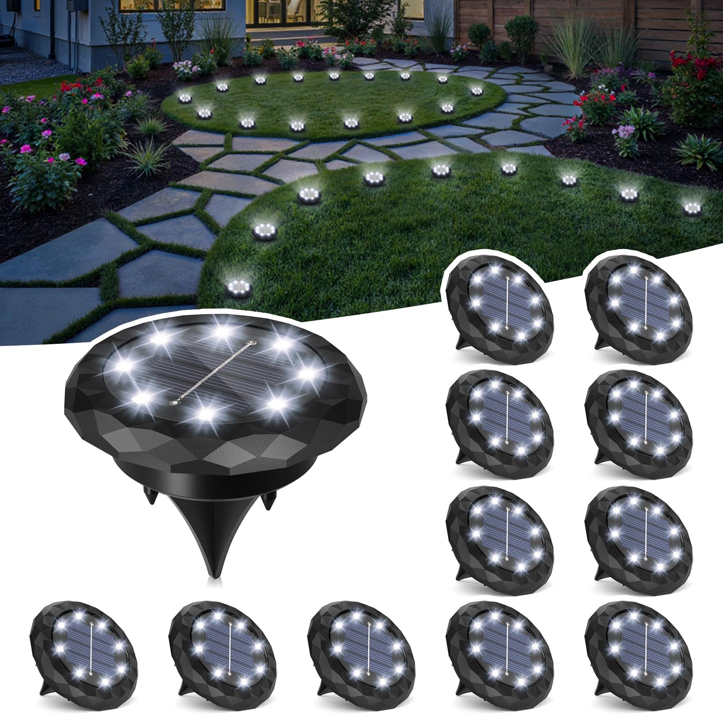 SOLPEX Mini Solar Ground Lights, 12 Pack Solar Lights Outdoor Waterproof, Landscape Lighting for Garden Pathway Driveway Walkway (Cool White)
