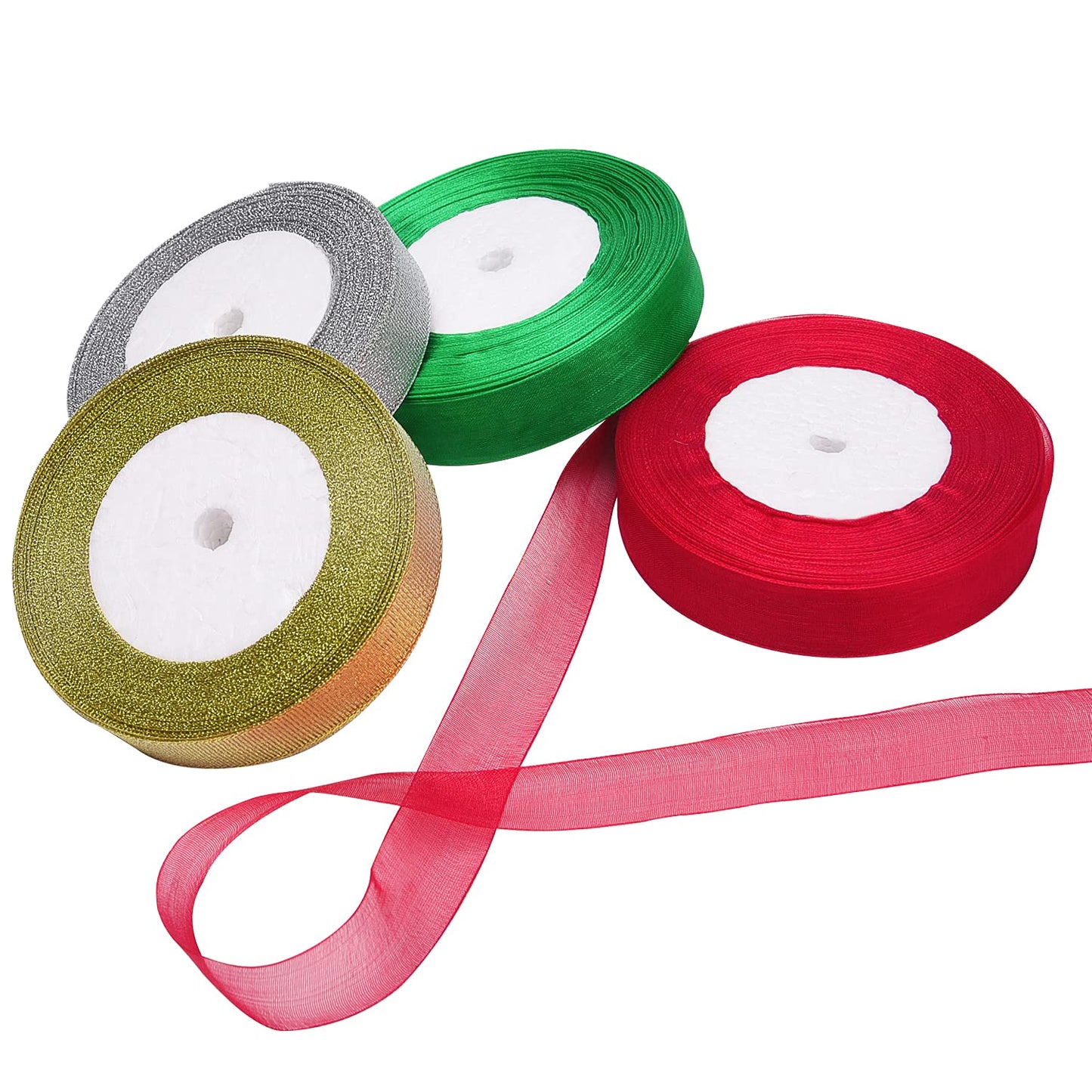 Livder 4 Rolls 4/5 Inch in Width Christmas Metallic Glitter Organza Ribbons Golden, Silvery, Red, Green Ribbon for Gift Wrapping, Christmas Tree Room Decoration