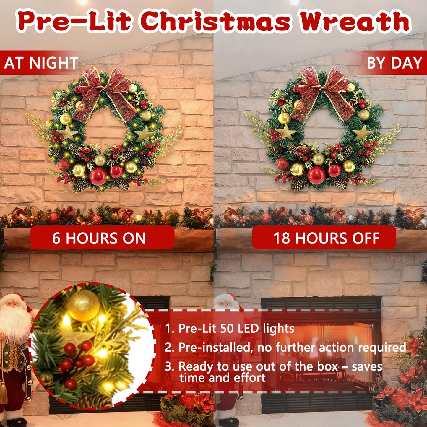 TXRXIZ 16 Inch Pre-Lit Christmas Door Wreath with Timer & Hanger & 50LED Warm Lights, Decor with Bow & Golden Ball & Star ect., Artificial Christmas Wreath for Door & Window & Fireplace