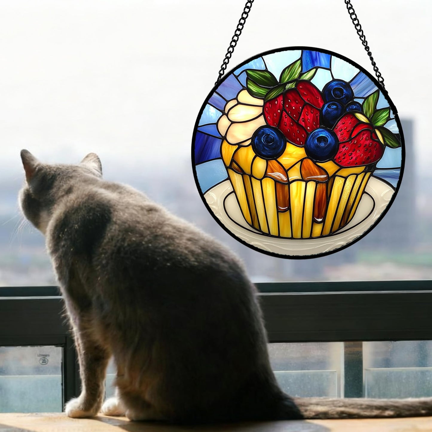 QZQCBLC Stained Glass Window Hanging Retro Blue Fruitcake 6.3" - Red Yellow Suncatcher Door Garden Sun Catcher Home Decor Birthday Christmas for Mom Woman Nana Friend Girl