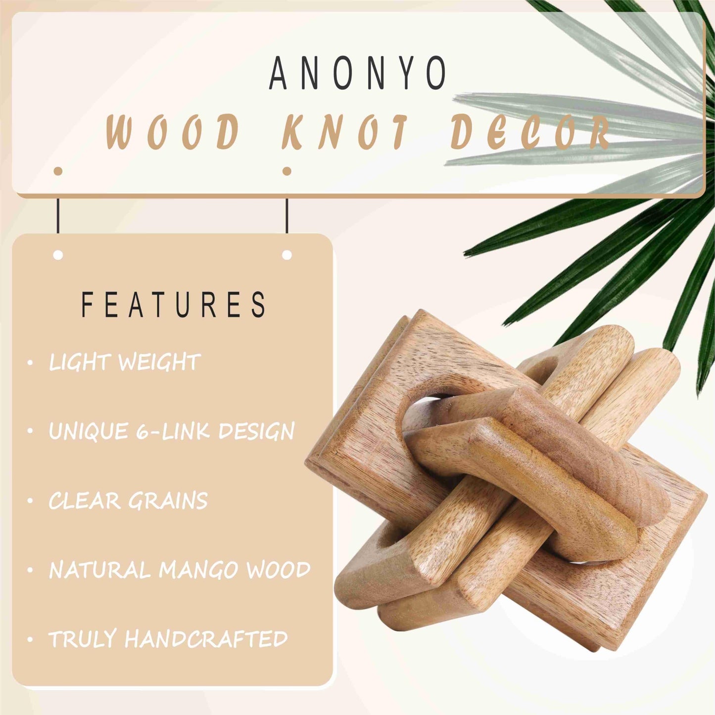 ANONYO Boho Wooden Chain Links Decorative Object for Coffee Table & Shelf | Handmade Mango Wood Knot Sculpture Rustic Modern Arch Décor for Living Room, Entryway, Console, Office Home Accent (Natural)