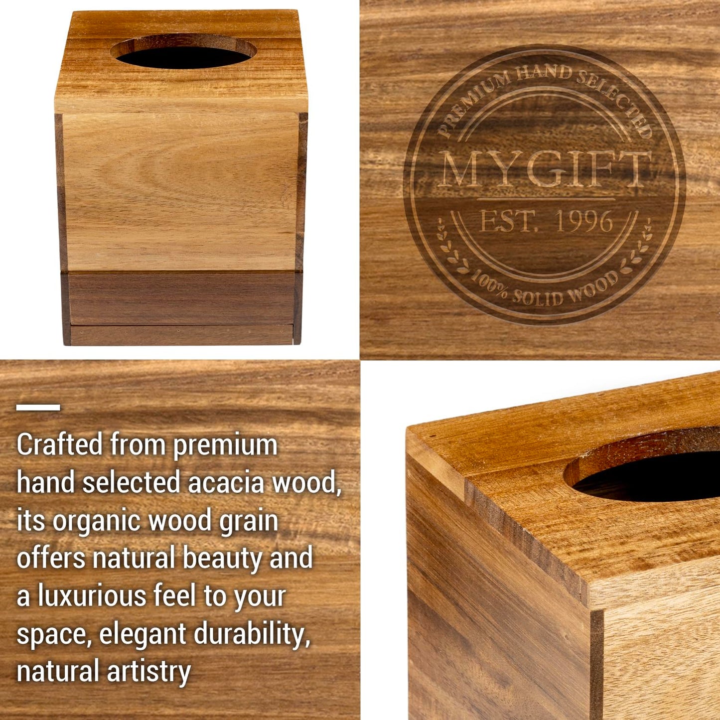 MyGift Premium Dual Tone Solid Acacia Wood Square Bathroom Facial Tissue Box Dispenser Holder Cover with Slide-Out Bottom Panel, 5.5 x 5.5 x 6.3 Inches