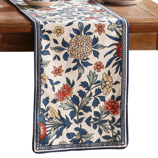 patdrea Designer Blue Cottage Rustic Floral Patterned Linen Table Runner 87 Inch Long,Wrinkle Resistant Table Mat,Decoration for Kitchen Dining and Coffee Tables Banquet Christmas , 12"x87"