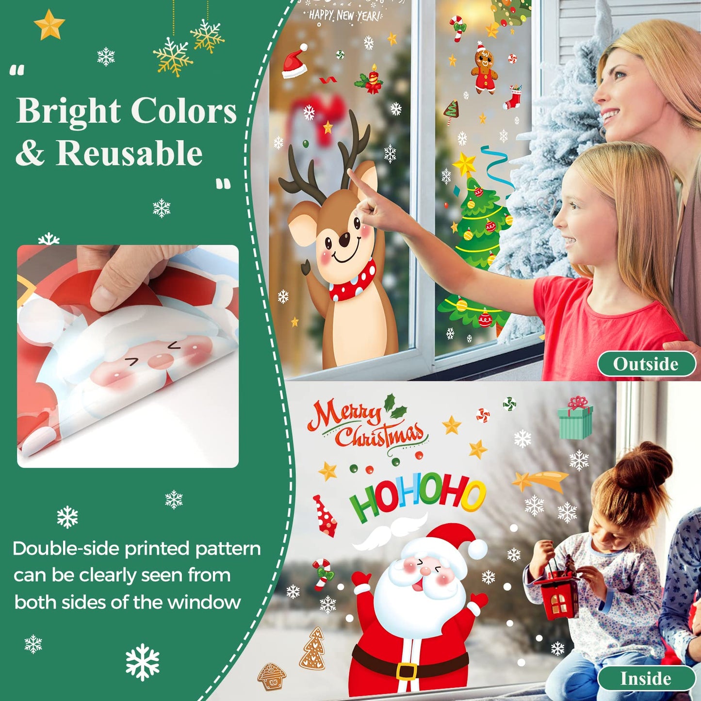 Christmas Window Clings, Christmas Window Decorations Santa Snowman Reindeer Xmas Snowflake Merry Christmas Window Clings, Double-Side Window Stickers for Party Xmas Decorations Home School (9 Sheets)