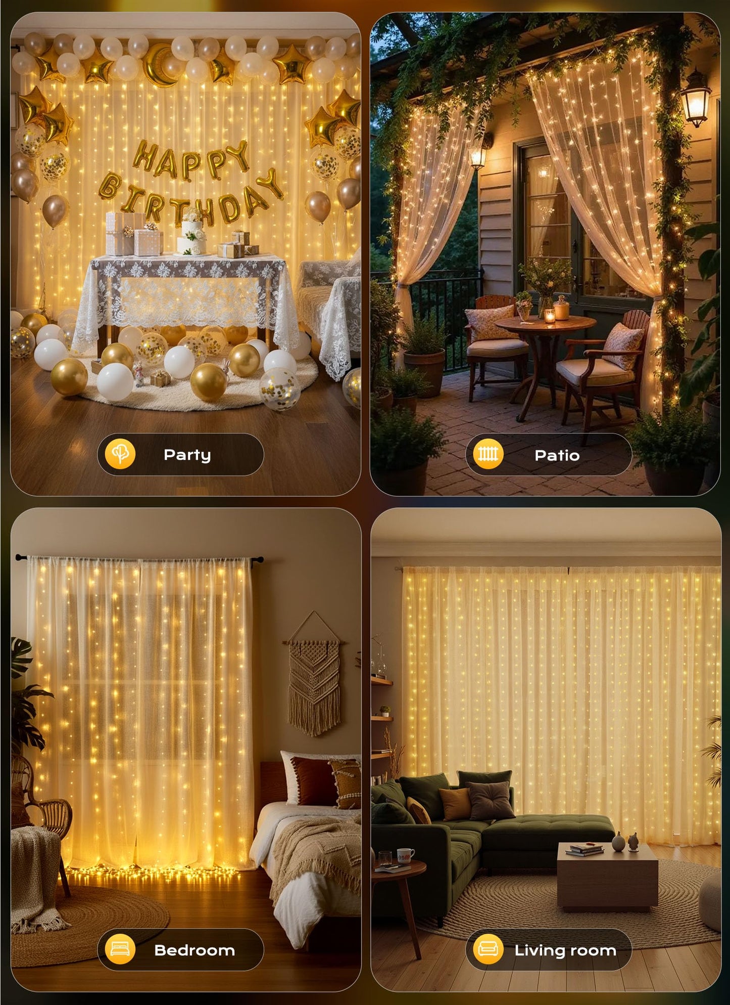 Brightown 300 LED Curtain Lights, 9.8 FT Plug in Fairy Lights for Bedroom, 8 Lighting Modes, Christmas String Lights for Window Wall Wedding Party Birthday Christmas Decorations, Warm White