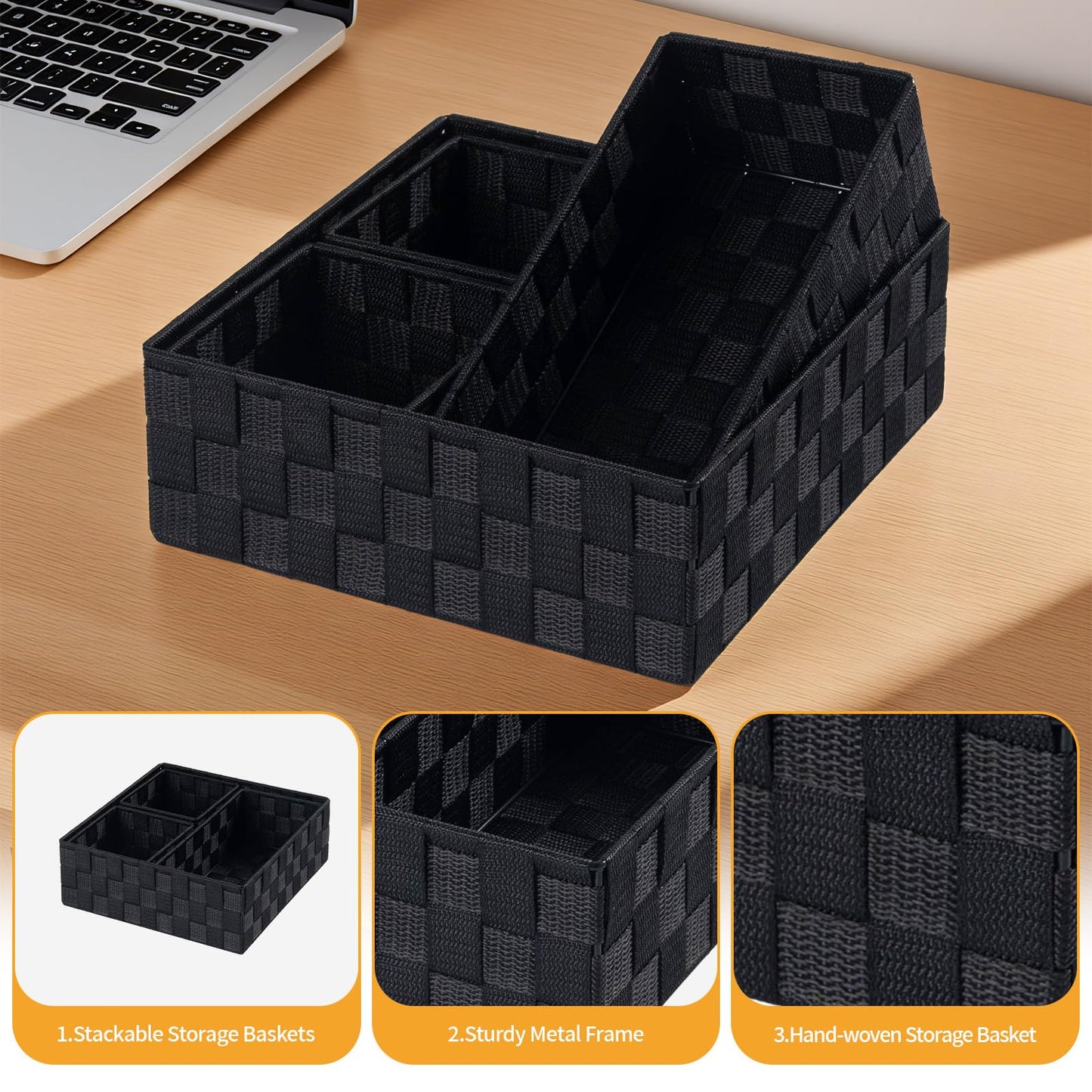 Posprica Small Black Baskets Cube Bin Container Tote,Woven Storage Baskets for Organizing Organizer Divider for Drawer, Closet, Shelf, Dresser, Set of 4