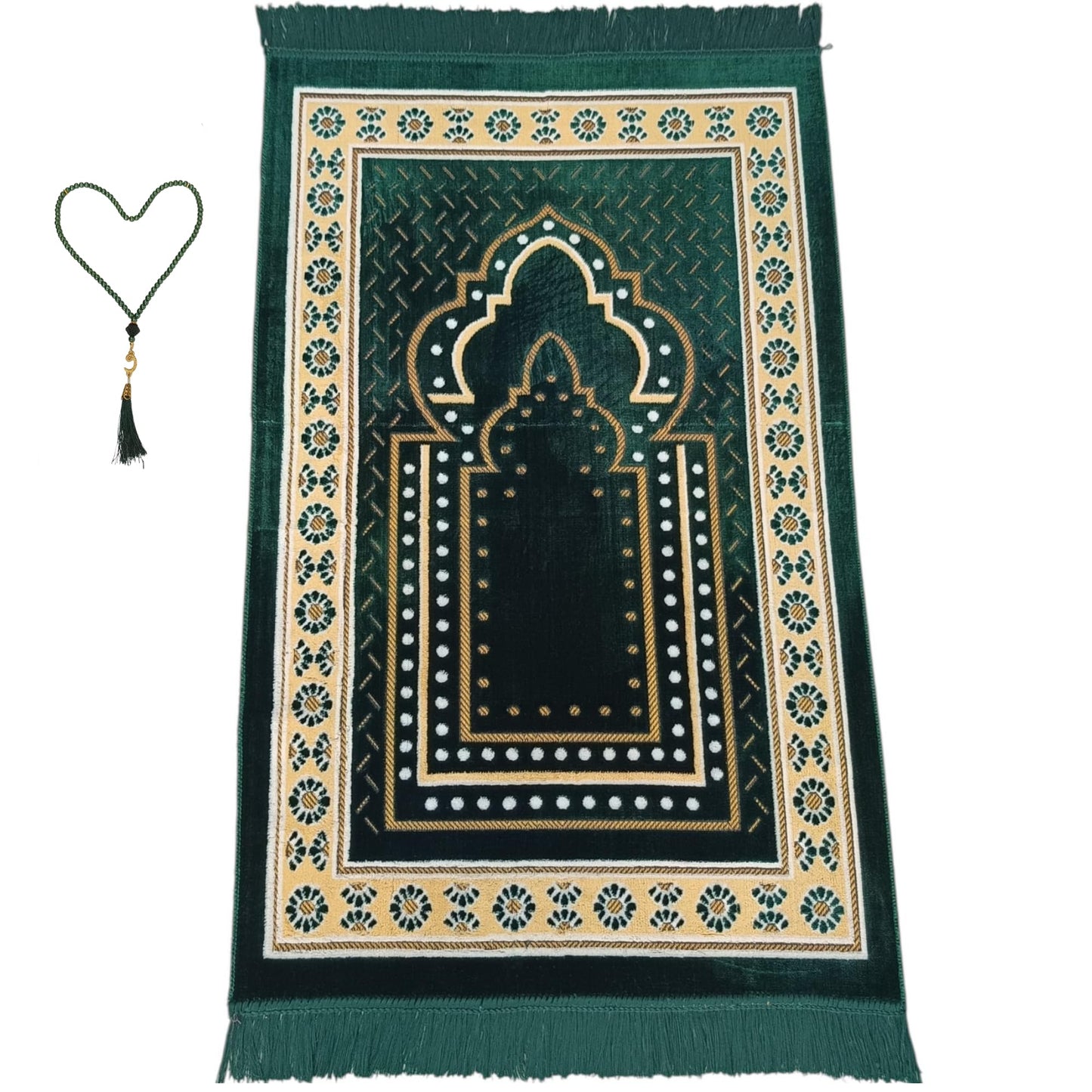 Prayer Mat Rug for Muslim Men, Women or Kids, Portable Praying Mat and Prayer Beads Sets for Islamic Gifts – Muslim Prayer Rug For Ramadan, Umrah, Hajj - Turkish Rug for Meditation and Worship (GREEN)