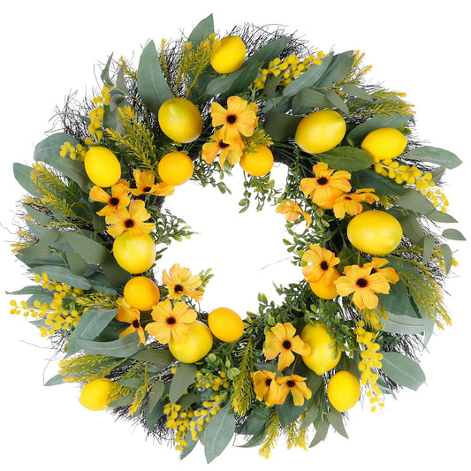 Huadanbor Summer Wreaths for Front Door, 24in Lemmer Wreaths, Eucalyptus Wreath for Front Door, Wreath Decorations for Spring, Summer, Indoors,Outdoors, corridors, Offices. (Yellow)