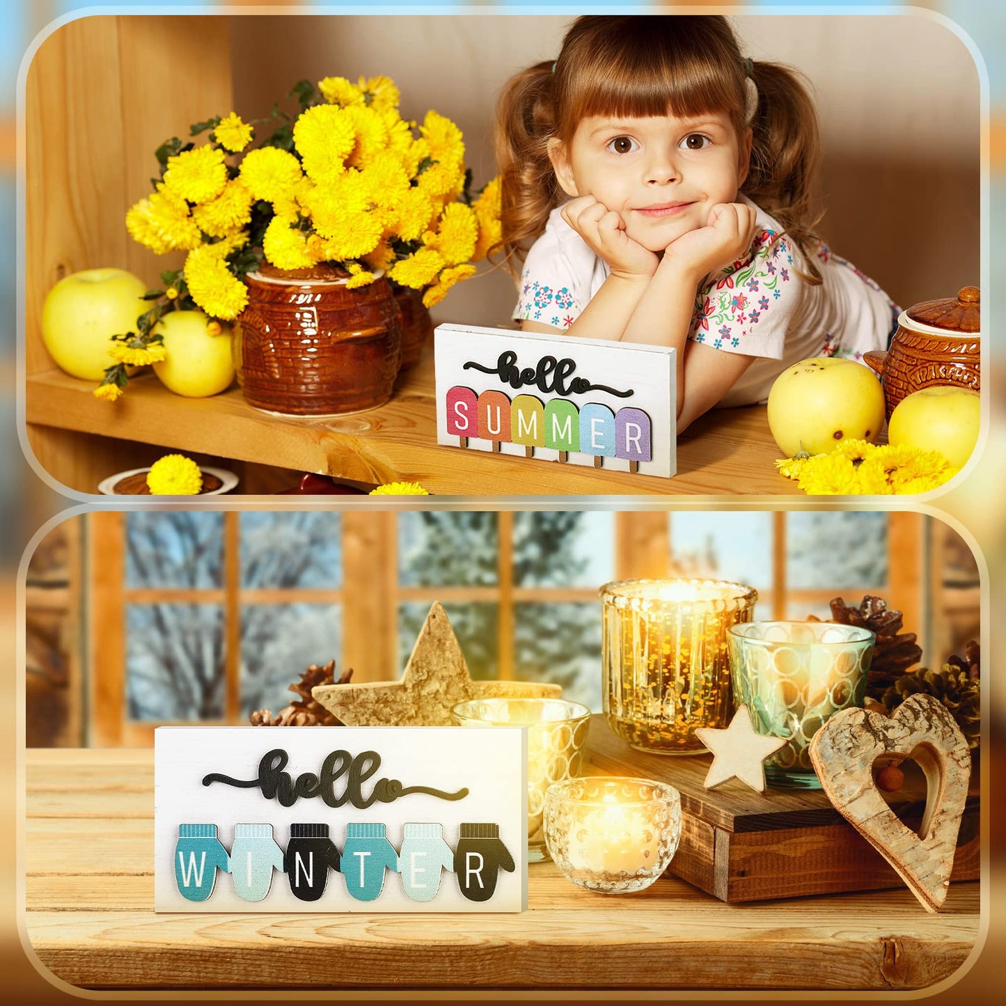 Roowest 5 Pcs Hello Spring Interchangeable Sign Seasonal Sign Summer Fall Winter Tiered Tray Decor 5.9 x 3 Inch Wooden 4 Seasons Farmhouse Table Centerpiece Decoration for Home Shelf Office(Fresh)