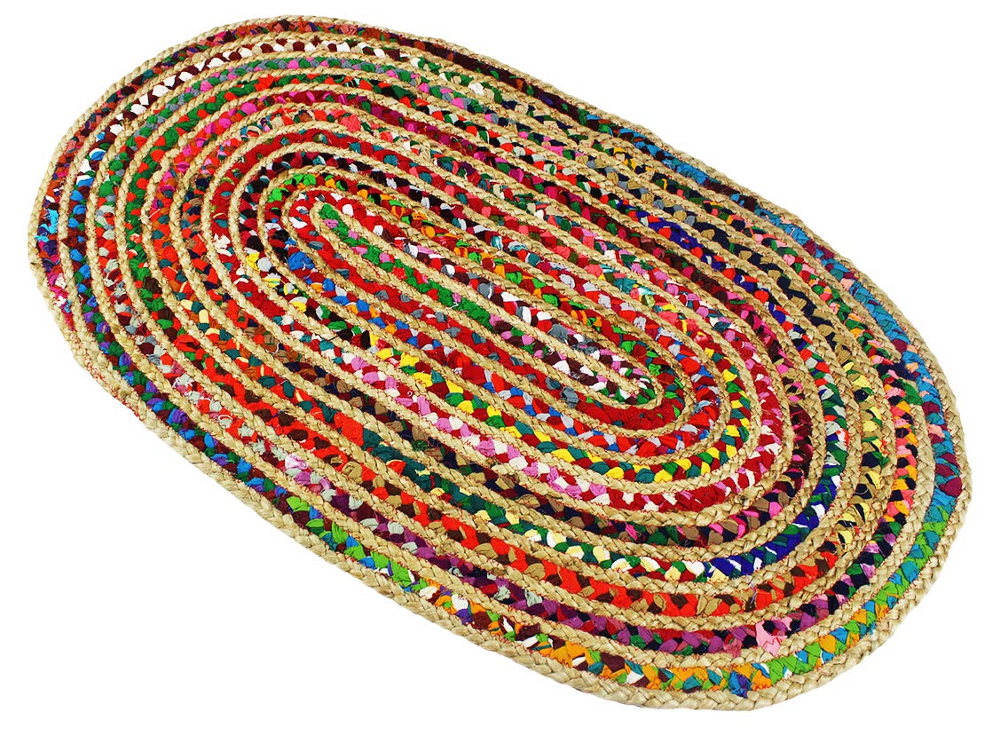 COTTON CRAFT Jute Chindi Braid Rag Rug - Boho Farmhouse Rustic Area Accent Throw Rug - Handwoven Reversible Natural Recycled Cotton- Living Room Den Study Home Décor Gift - 2' x 3' Oval - Multi Color