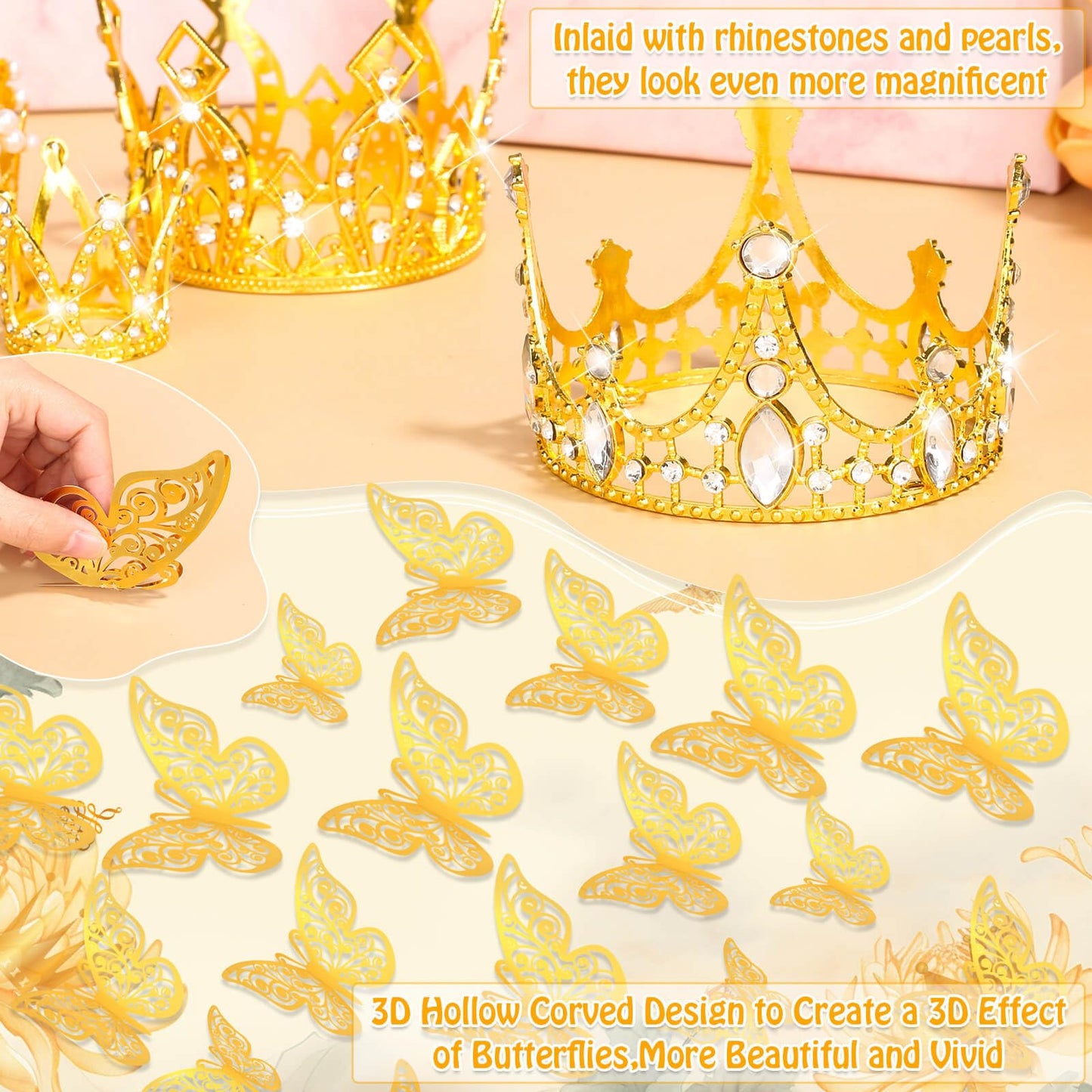 cridoz Gold Crowns for Flower Bouquets, Flower Bouquet Accessories Including 4 Pcs Bouquet Crown, 12 Pcs Butterfly Decorations and 50 Pcs Flower Pins for Birthday Wedding Baby Shower