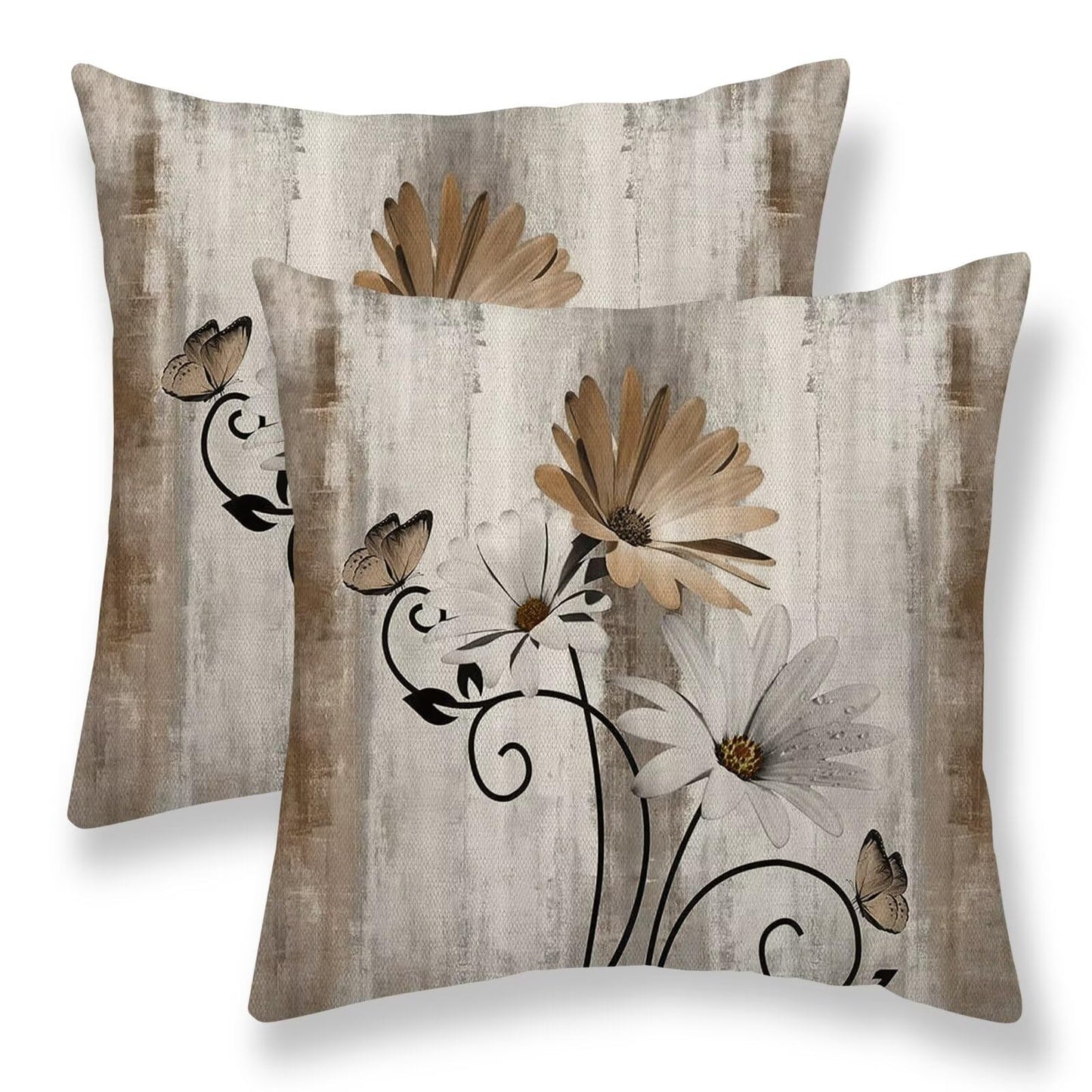 Sunshineyan Brown Floral Pillow Covers 18 x 18 Inch Set of 2 Daisy Floral Butterfly Decorative Throw Pillow Covers Linen Rustic Farmhouse Cushion Cases for Home Sofa Couch Living Room Decor