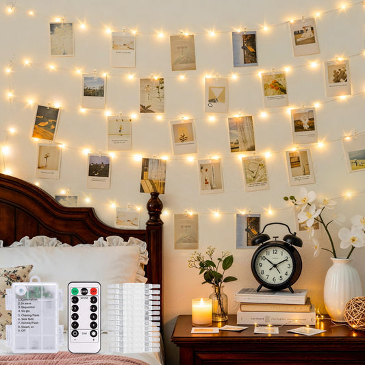 JMEXSUSS 100 LED Photo Clips String Light, 33ft Battery Operated Fairy Lights with 50 Clips for Pictures, 8 Modes Photo Light with Remote for Teen Girl Gifts Bedroom Wedding Dorm Christmas Decor