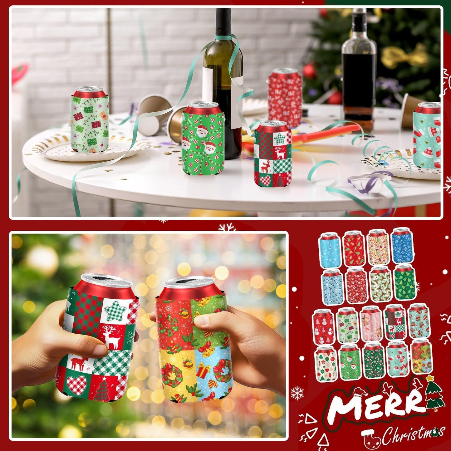 SEPGLITTER 18 pack Christmas Can Cooler Sleeves, Beer Drink Can Beverage Bottle Cooler Sleeves Collapsible for Christmas Holiday Party Gifts Decorations Supplies Favors