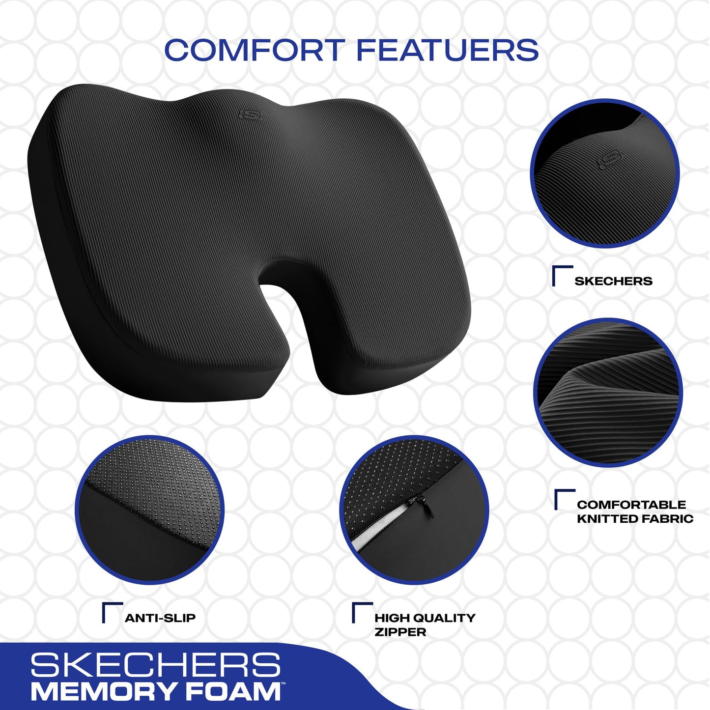 Skechers Memory Foam Seat Cushion,Office Chair Cushion for Tailbone Pain Relief,Butt Pillow for Office Chair,Car seat Cushion,Computer Desk,Long Sitting Office Workers,and Car Drivers,Black