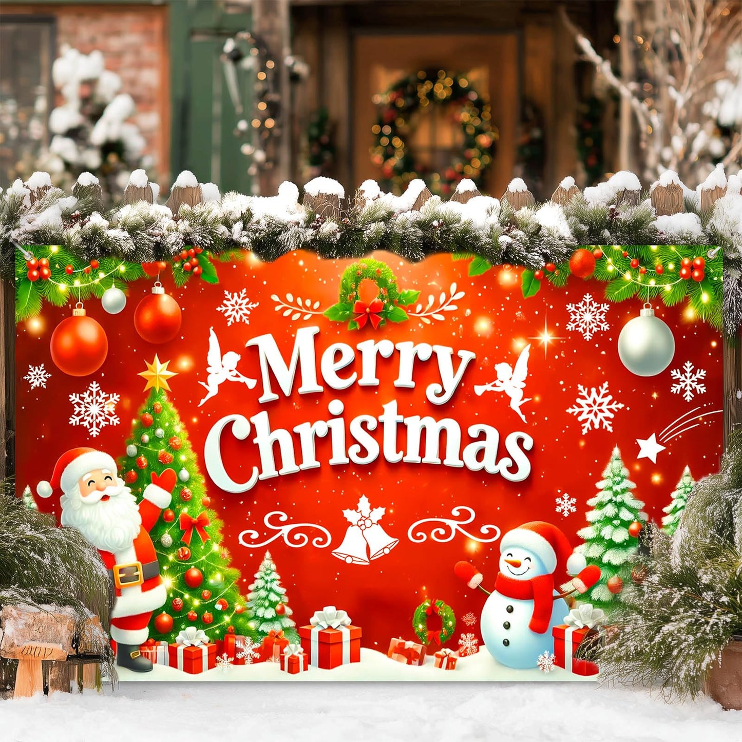 BlissYard Merry Christmas Banner 71x43 Inch Santa Claus Snowman Christmas Tree Gift Box Red Backdrop for Indoor Outdoor Xmas Party Wall Decor Holiday Celebration Decorations