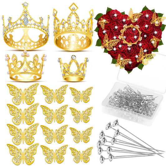cridoz Gold Crowns for Flower Bouquets, Flower Bouquet Accessories Including 4 Pcs Bouquet Crown, 12 Pcs Butterfly Decorations and 50 Pcs Flower Pins for Birthday Wedding Baby Shower