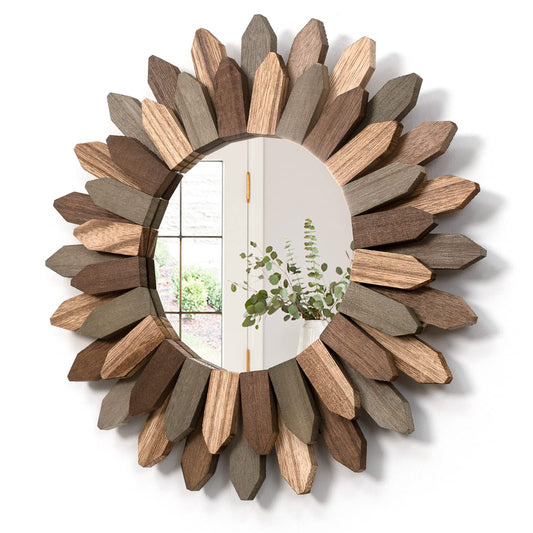 Honiway Boho Wall Decor 21 inch Wall Mirror Rustic Wood Decorative Mirror for Room Decor Rustic Home Decor Farmhouse Wall Decor at Living Room Bedroom Bathroom Hallway Trilcolor