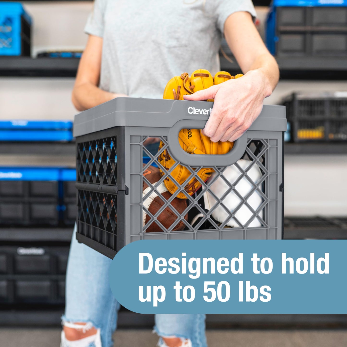 CleverMade Collapsible Milk Crate 25L (6.6 Gal), 50 lb Capacity Heavy Duty Folding Crate – Stackable Storage Crates with File Rails, Plastic Collapsible Crates - Red