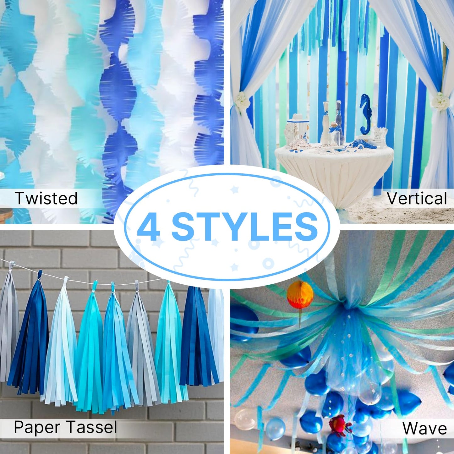 PartyWoo Blue Crepe Paper Streamers 4pcs 328ft Pack of Light Sky Blue Crepe Paper Streamers for Birthday Gender Reveal Baby Shower Graduation Pool Mermaid Under The Sea Theme Party Decorations