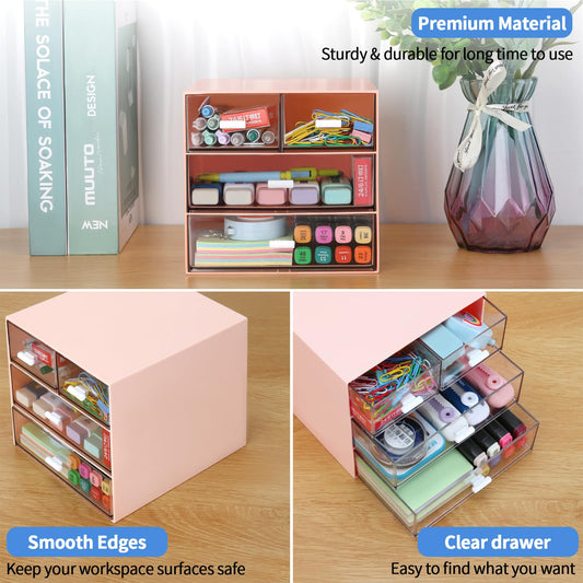 LETURE Desk Organizer with 4 Drawers, Clear Plastic Desk Storage Box, Desktop Organization for Office Supplies, Gel Pens, Pencils, Markers, Tape, Erasers, Paperclips, Chargers (Pink w 4Draws)