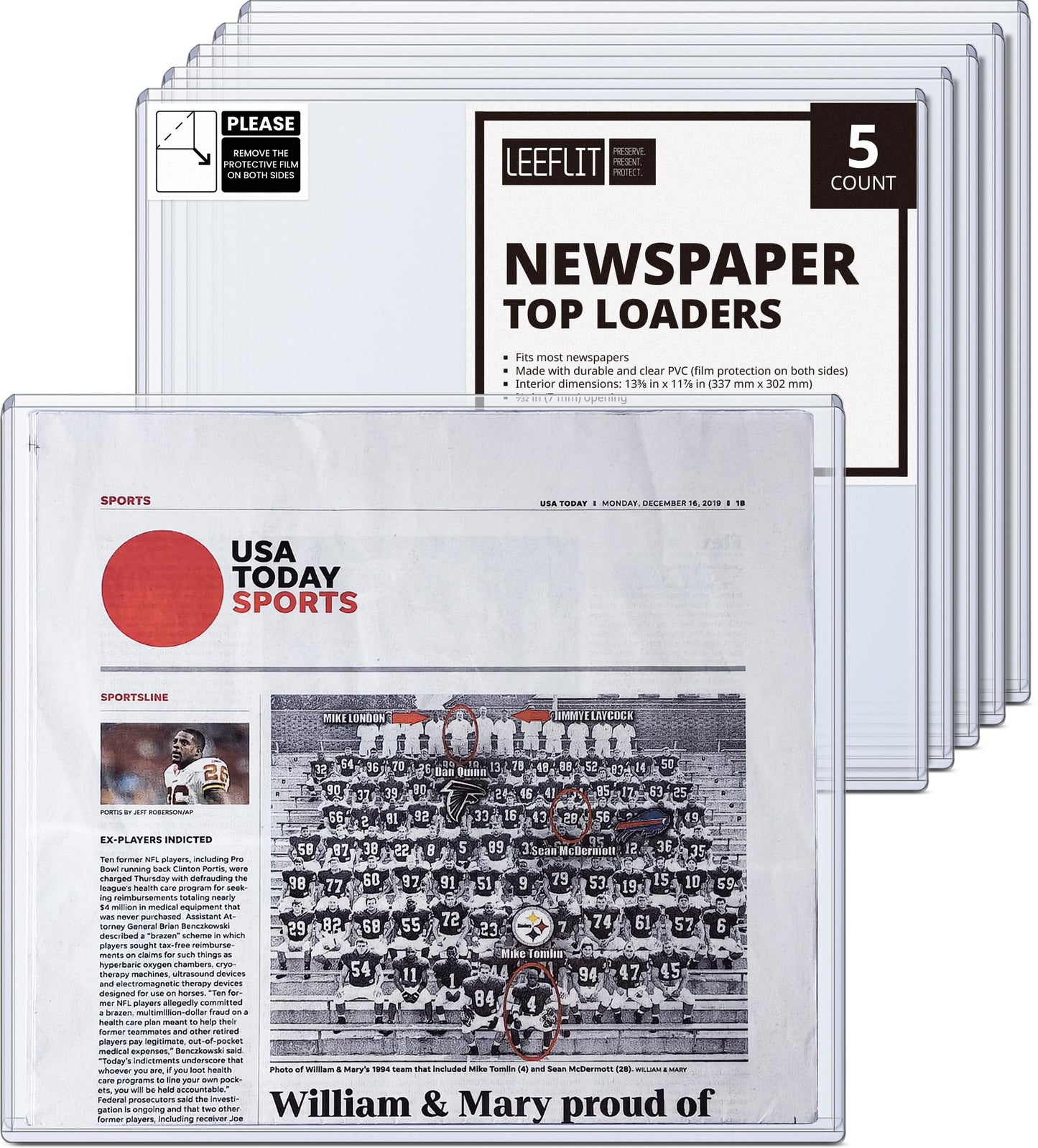 LEEFLIT Newspaper Toploader Holder - 7mm Thick Hard Plastic Top Loaders, 13 x 11, 5 Count, Clear, LF-NPTL-5BL250PT