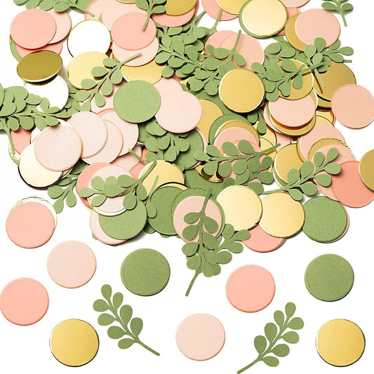Kiorevy 100 Pcs Pink Golden Sage Olive Green Party Table Confetti, Peach Blush Round Confetti, Table Decor for Wedding Bridal Shower Engagement Birthday Party Baby Shower