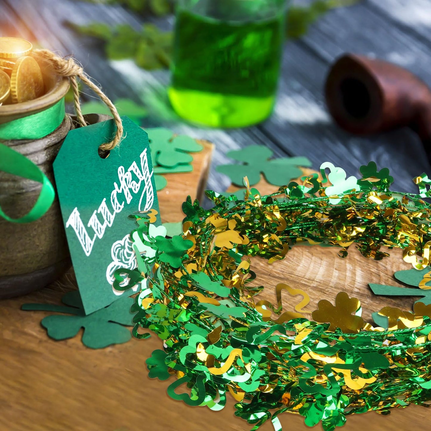 LOAVER 75 Ft St. Patrick's Day Shamrock Wire Wreath Tinsel Garland,3 Rolls Hollowed Metallic Twist Garland Irish Festive Clover Wreath for St. Patrick's Day Party Wall Crafts Decoration(Green & Gold)