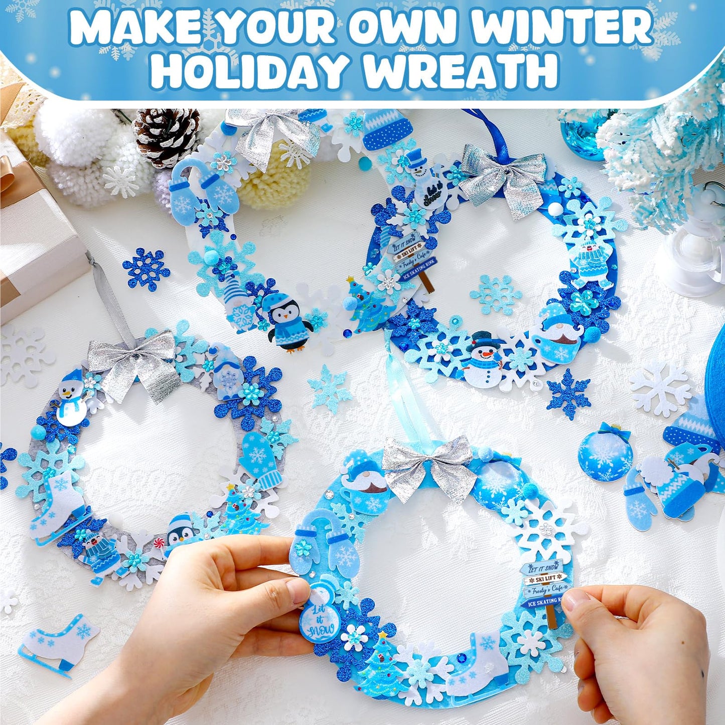 Moucuny 620/600 Pcs Winter Wreath Craft Kits DIY Snowman Christmas Wreath Crafts Kits Xmas Winter Home Decorations for Party Favors(Let It Snow,Dark Blue, Light Blue, White, Gray)